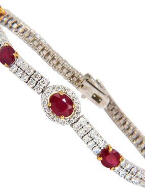 7.34ct natural ruby diamonds bracelet regency deco 14kt double row cluster*